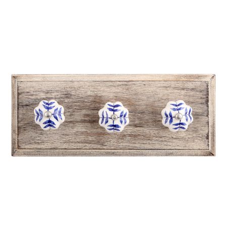 Blue Leaf Medium Ceramic Wooden Hooks